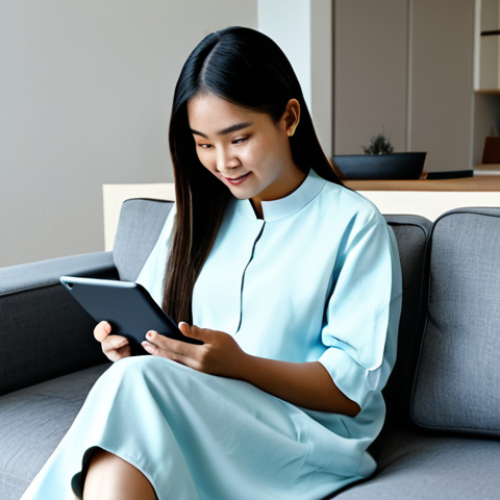 Home 4 **Prompt for AR Virtual Try-on Experience:**
A young adult Malaysian woman, fully clothed in comfortable, modest home attire, casually sitting on a modern sofa in a well-lit living room. She is holding a tablet or smartphone, looking at the screen with an expression of focused engagement. On the tablet screen, a translucent augmented reality overlay of a stylish, modest baju kurung is visible on her virtual reflection, allowing her to see how it fits. A cup of coffee is on a side table next to her. The background is a clean, contemporary home interior. The scene conveys a sense of comfort and technological integration. Perfect anatomy, correct proportions, natural pose, well-formed hands, proper finger count, natural body proportions, safe for work, appropriate content, fully clothed, modest, family-friendly, professional photography, high quality.