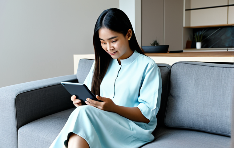 **Prompt for AR Virtual Try-on Experience:**
A young adult Malaysian woman, fully clothed in comfortable, modest home attire, casually sitting on a modern sofa in a well-lit living room. She is holding a tablet or smartphone, looking at the screen with an expression of focused engagement. On the tablet screen, a translucent augmented reality overlay of a stylish, modest baju kurung is visible on her virtual reflection, allowing her to see how it fits. A cup of coffee is on a side table next to her. The background is a clean, contemporary home interior. The scene conveys a sense of comfort and technological integration. Perfect anatomy, correct proportions, natural pose, well-formed hands, proper finger count, natural body proportions, safe for work, appropriate content, fully clothed, modest, family-friendly, professional photography, high quality.